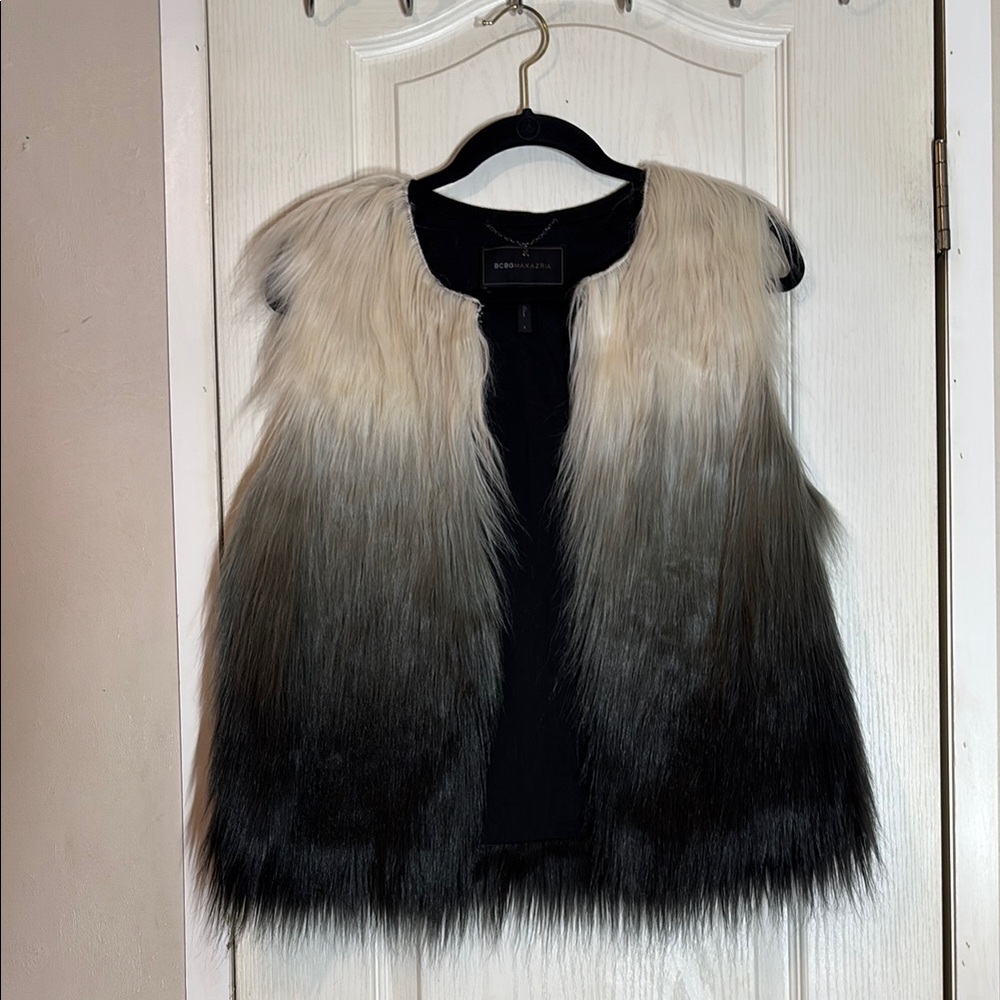 BCBGMaxAzria Black and Cream Faux Fur Vest